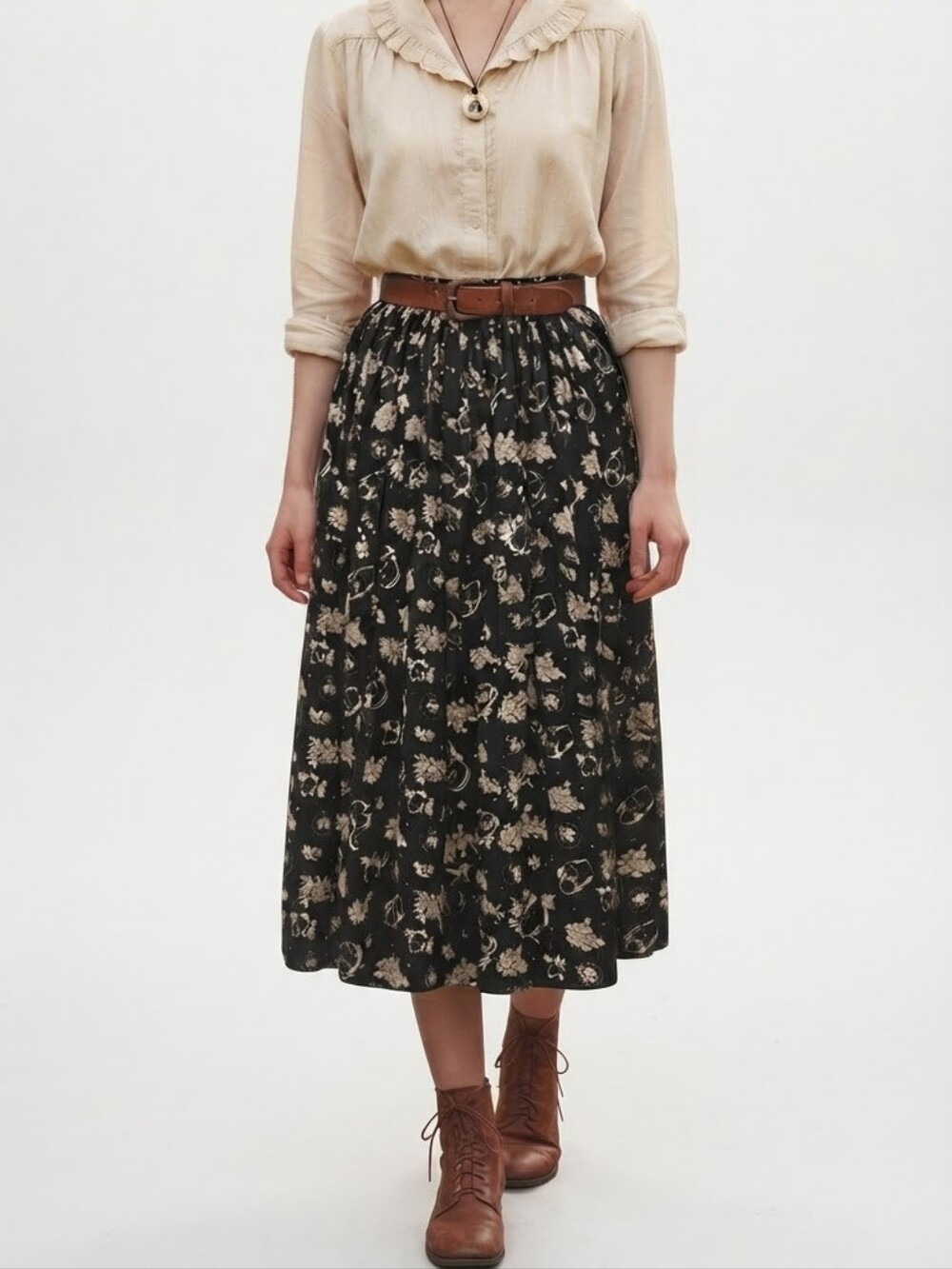Vintage 90s Clio Floral Fruit Rayon Midi Skirt Black White Medium